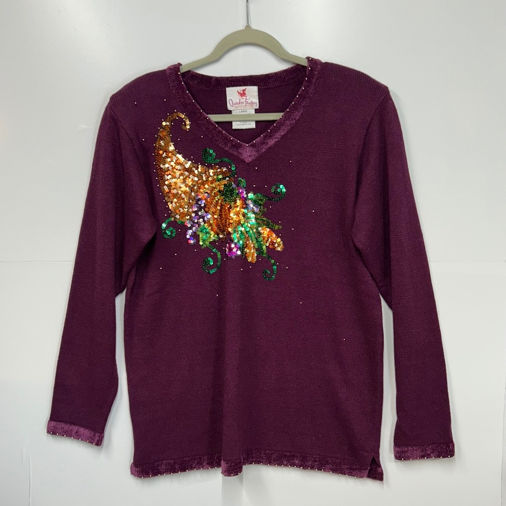 Quacker Factory Womens Sequin Cornucopia Thanksgiving Sweater Large L